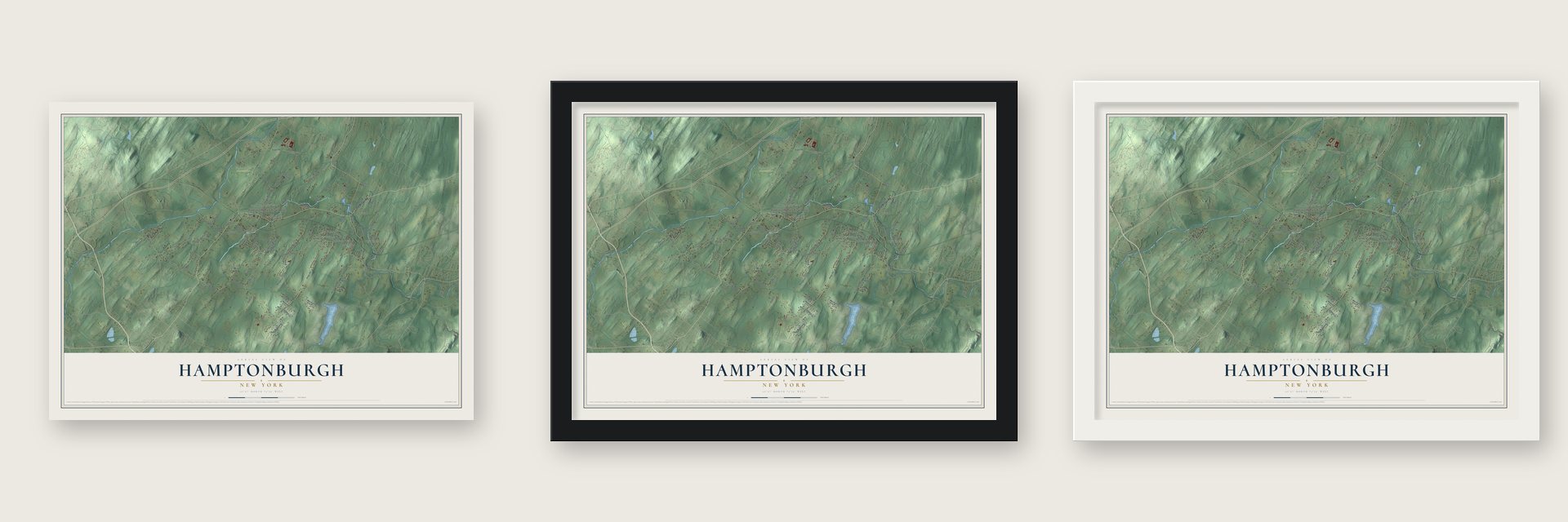 Hamptonburgh, New York map unframed, in a black wood frame and in a white wood frame