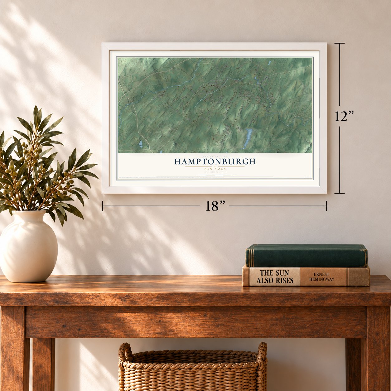 Hamptonburgh, New York map, 12 x 18 inch print in a white frame in an entryway
