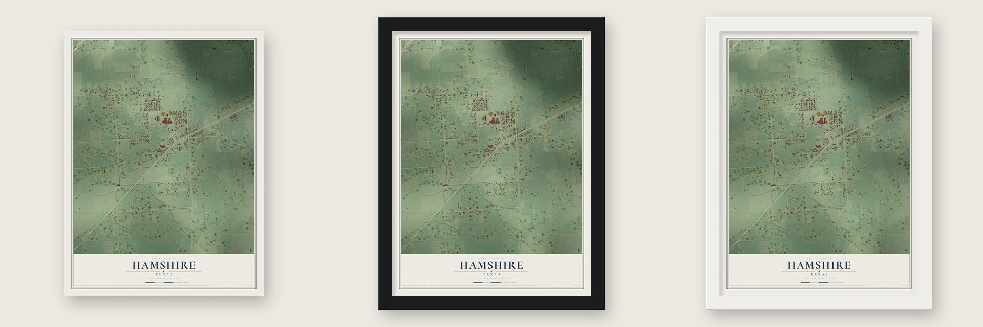 Hamshire, Texas map unframed, in a black wood frame and in a white wood frame