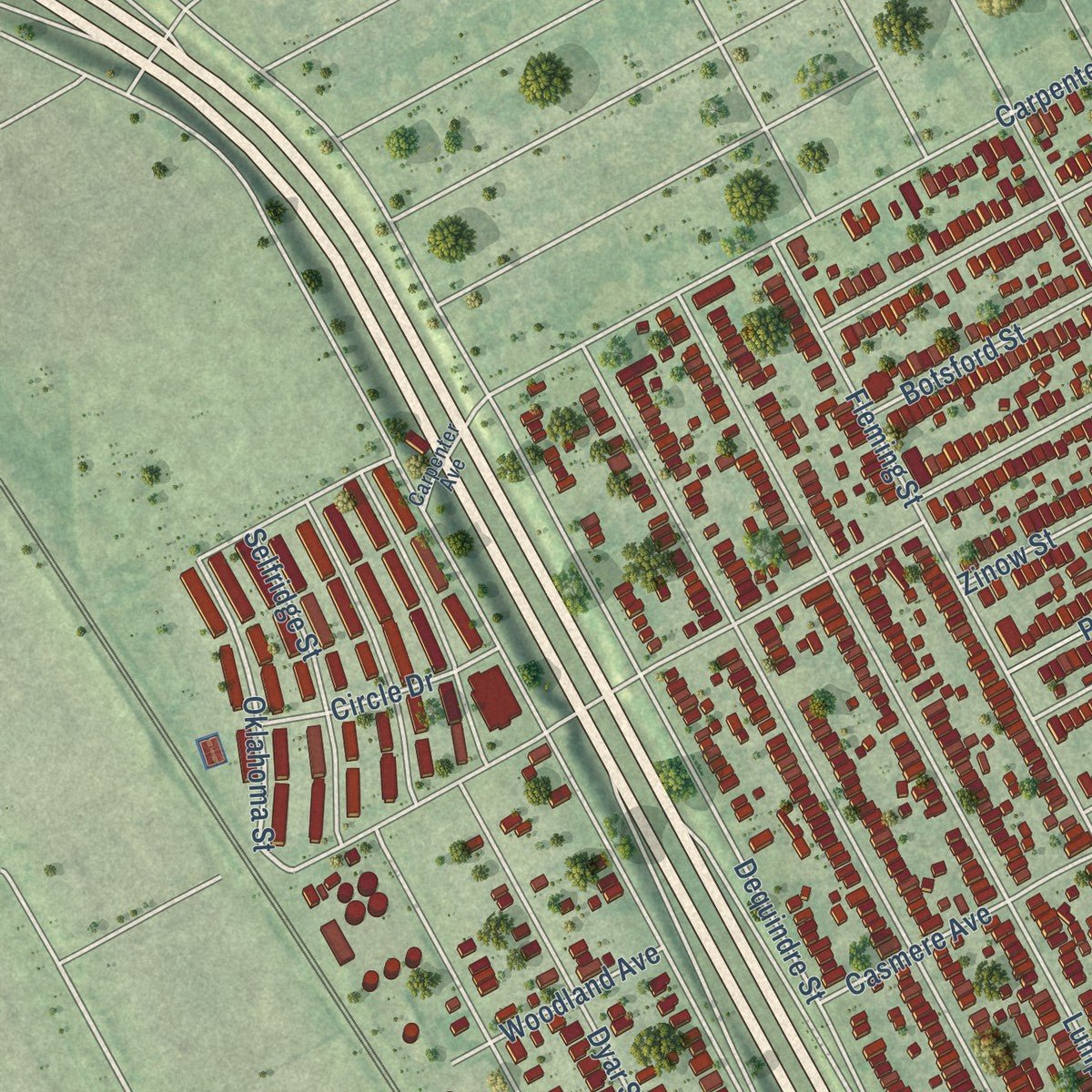 Second close-up of the map of Hamtramck, Michigan print showing more streets and buildings