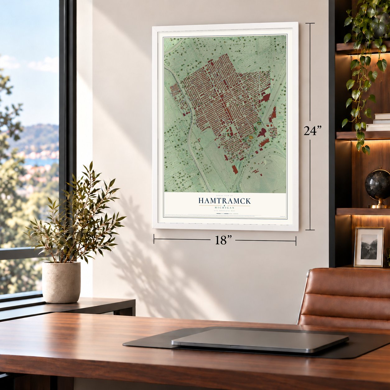 Hamtramck, Michigan map, 18 x 24 inch print in a white frame in a home office
