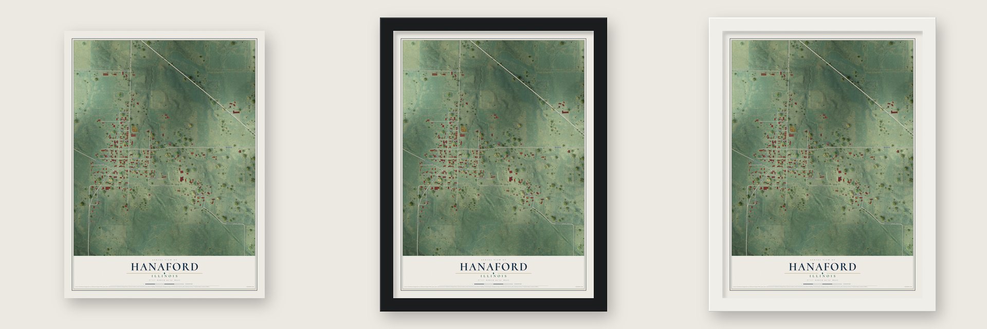 Hanaford, Illinois map unframed, in a black wood frame and in a white wood frame