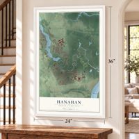 Hanahan, South Carolina map, 24 x 36 inch print in a white frame by a staircase