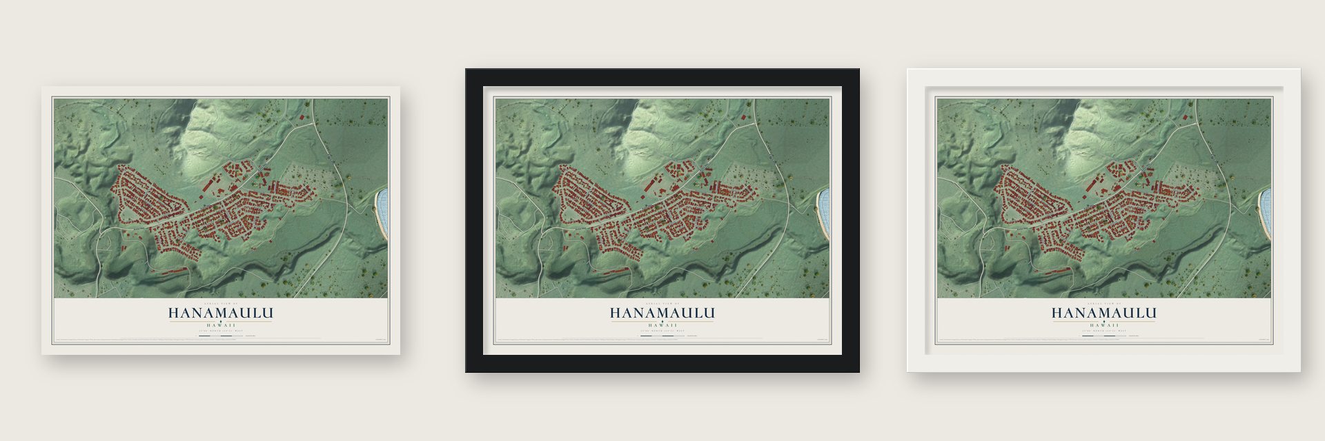 Hanamaulu, Hawaii map unframed, in a black wood frame and in a white wood frame