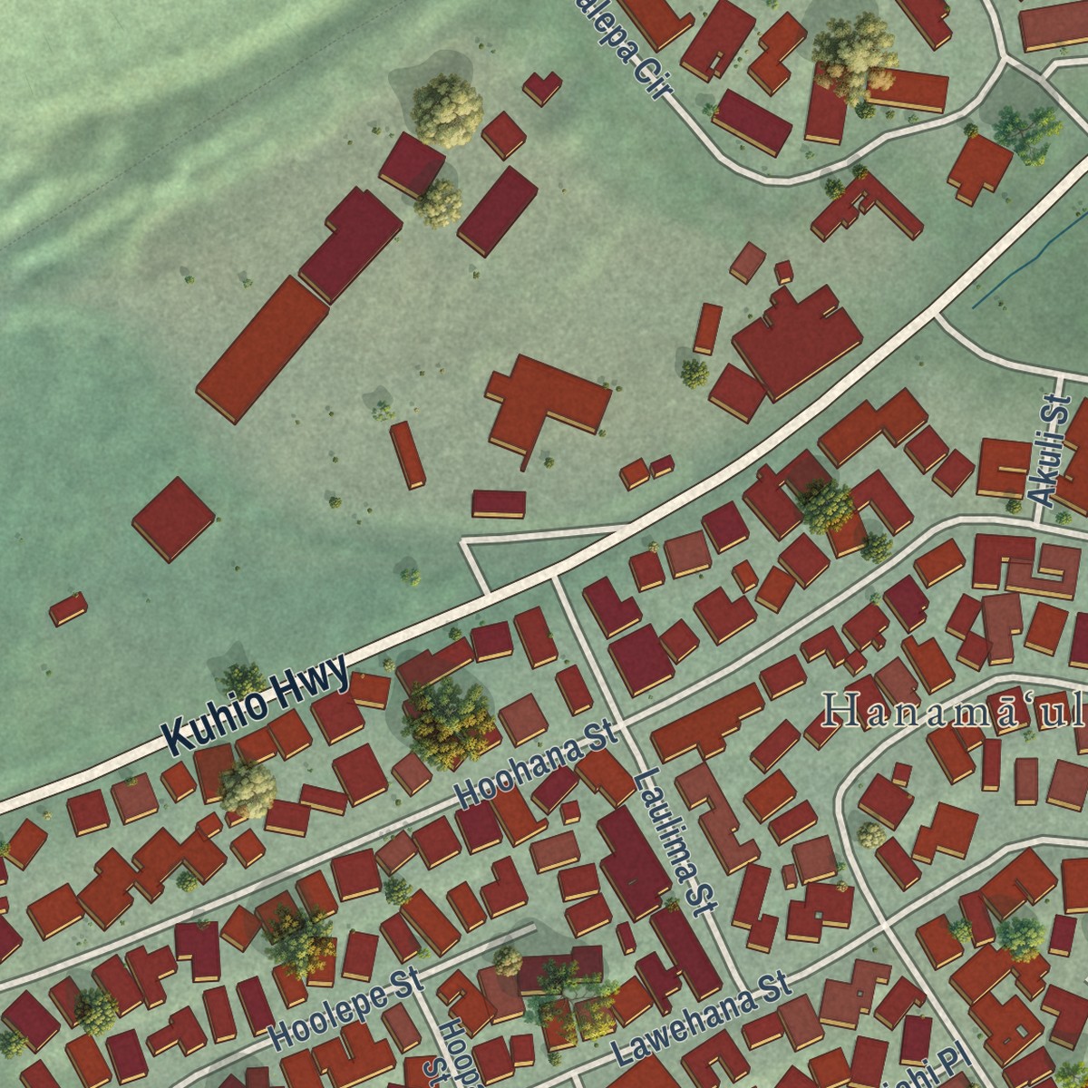 Second close-up of the map of Hanamaulu, Hawaii print showing more streets and buildings