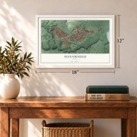 Hanamaulu, Hawaii map, 12 x 18 inch print in a white frame in an entryway