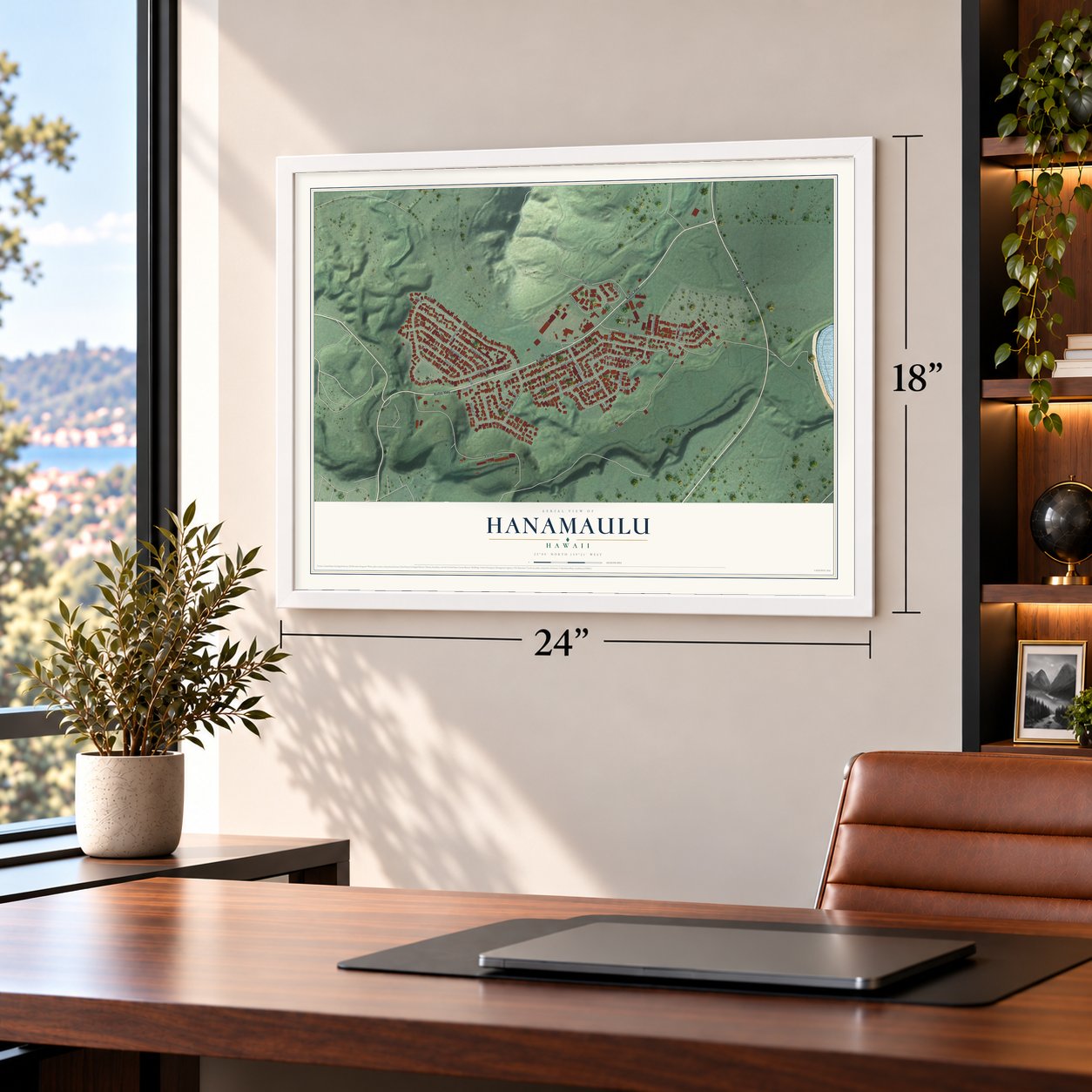 Hanamaulu, Hawaii map, 18 x 24 inch print in a white frame in a home office