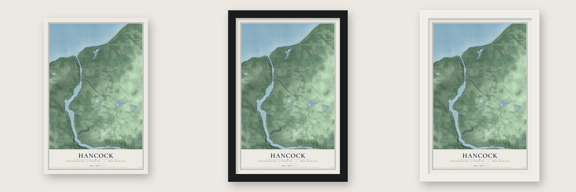 Hancock, Houghton County, Michigan map unframed, in a black wood frame and in a white wood frame