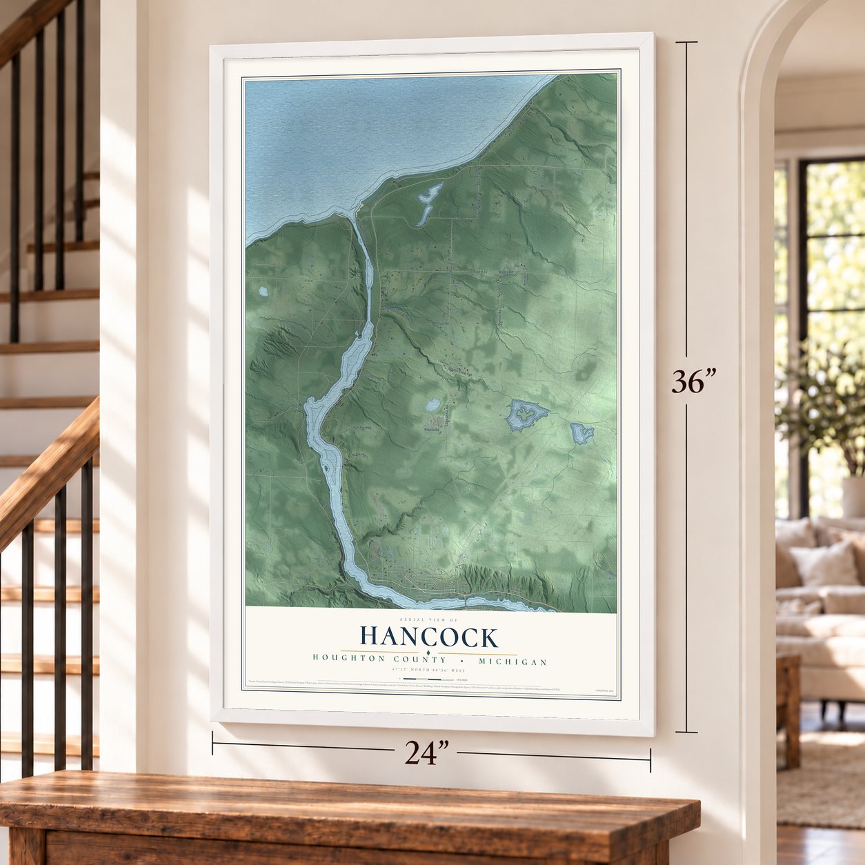 Hancock, Houghton County, Michigan map, 24 x 36 inch print in a white frame by a staircase