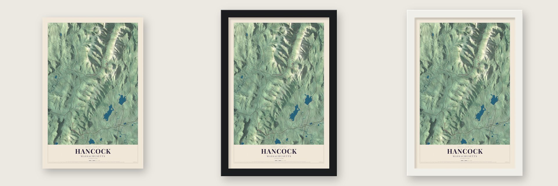 Hancock, Massachusetts map unframed, in a black wood frame and in a white wood frame