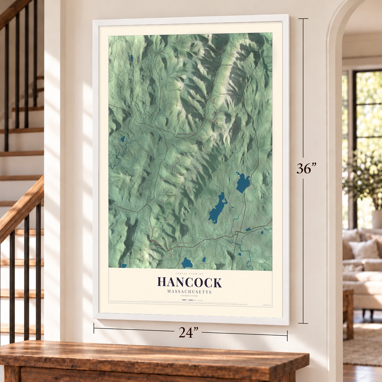 Hancock, Massachusetts map, 24 x 36 inch print in a white frame by a staircase