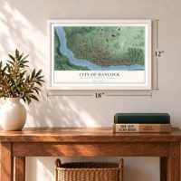 Hancock, Michigan map, 12 x 18 inch print in a white frame in an entryway