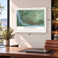 Hancock, Michigan map, 18 x 24 inch print in a white frame in a home office