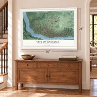 Hancock, Michigan map, 24 x 36 inch print in a white frame above a dresser by a staircase