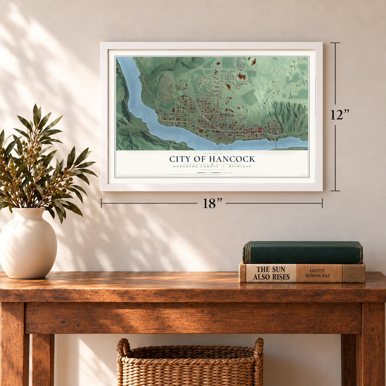 Hancock, Michigan map, 12 x 18 inch print in a white frame in an entryway