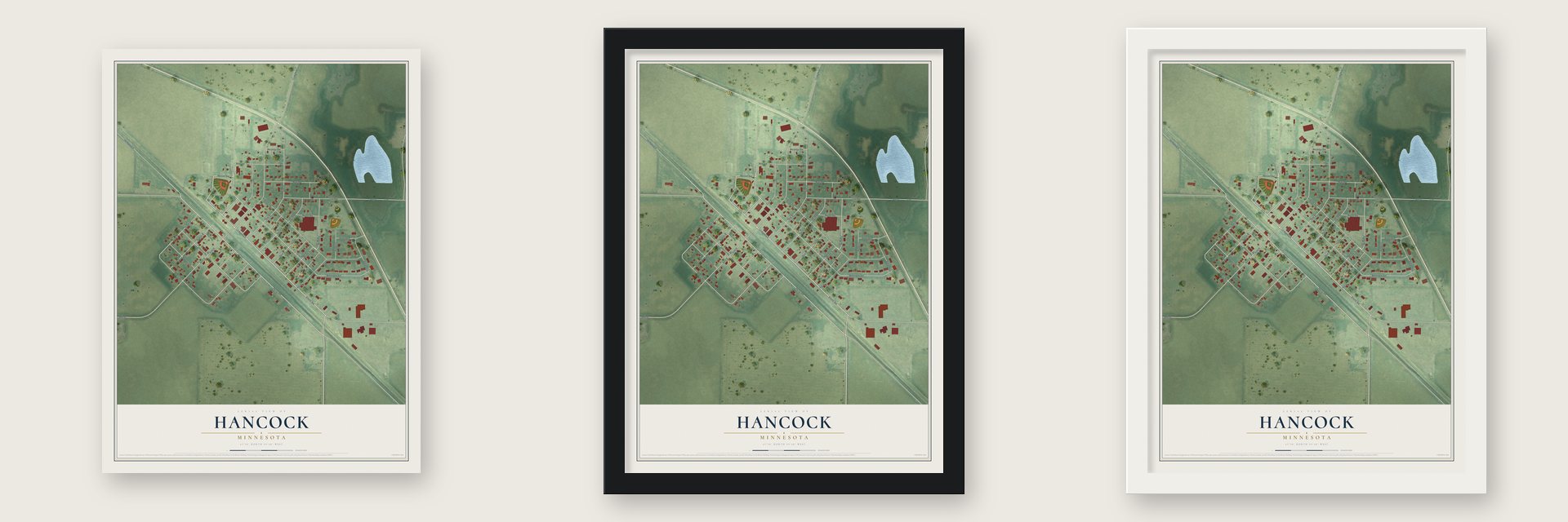 Hancock, Minnesota map unframed, in a black wood frame and in a white wood frame