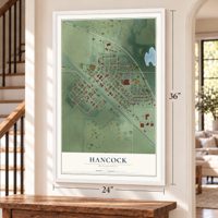 Hancock, Minnesota map, 24 x 36 inch print in a white frame by a staircase