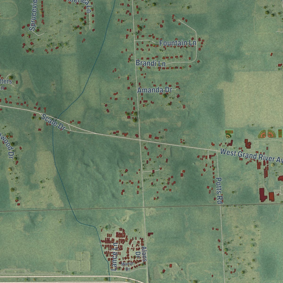 Second close-up of the map of Handy, Michigan print showing more streets and buildings