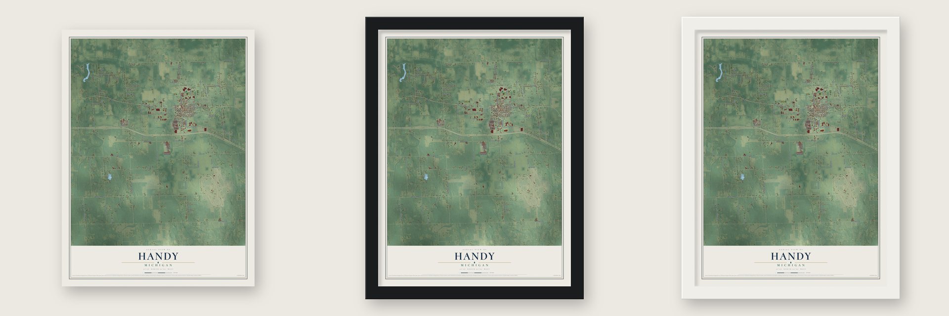 Handy, Michigan map unframed, in a black wood frame and in a white wood frame