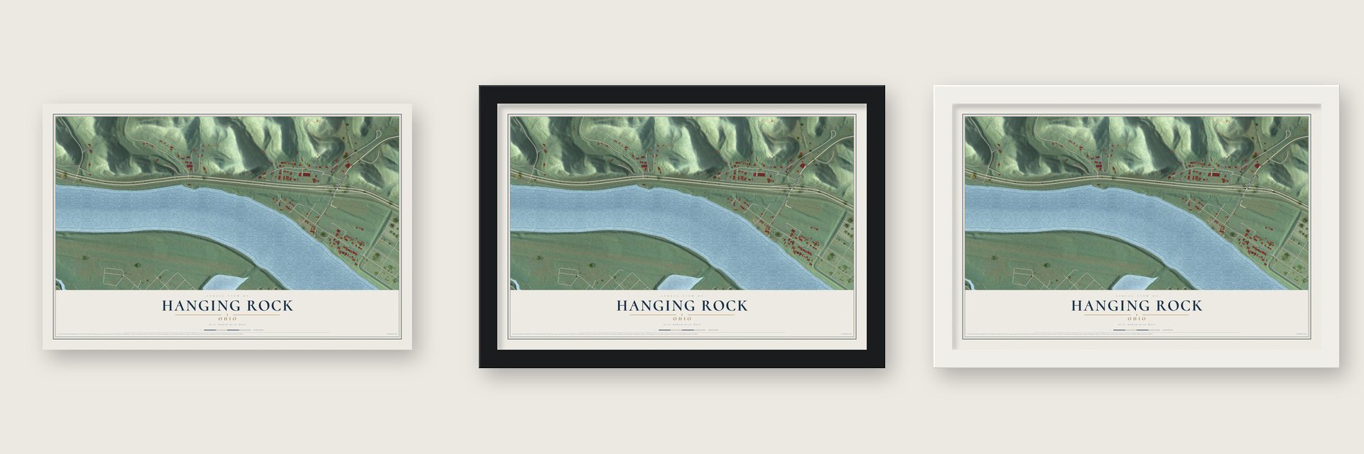 Hanging Rock, Ohio map unframed, in a black wood frame and in a white wood frame