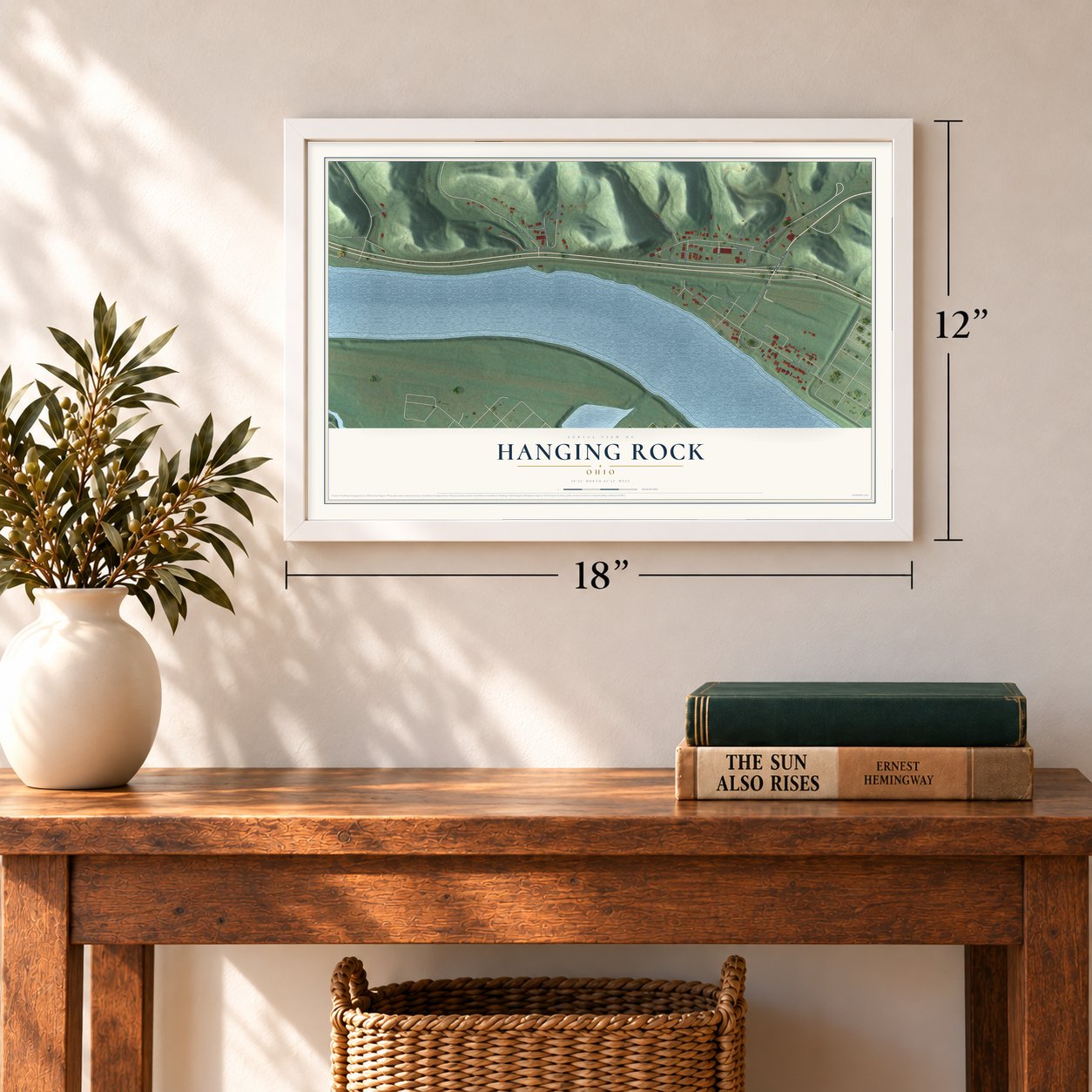 Hanging Rock, Ohio map, 12 x 18 inch print in a white frame in an entryway