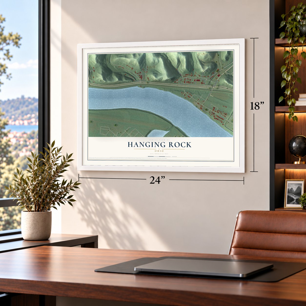 Hanging Rock, Ohio map, 18 x 24 inch print in a white frame in a home office
