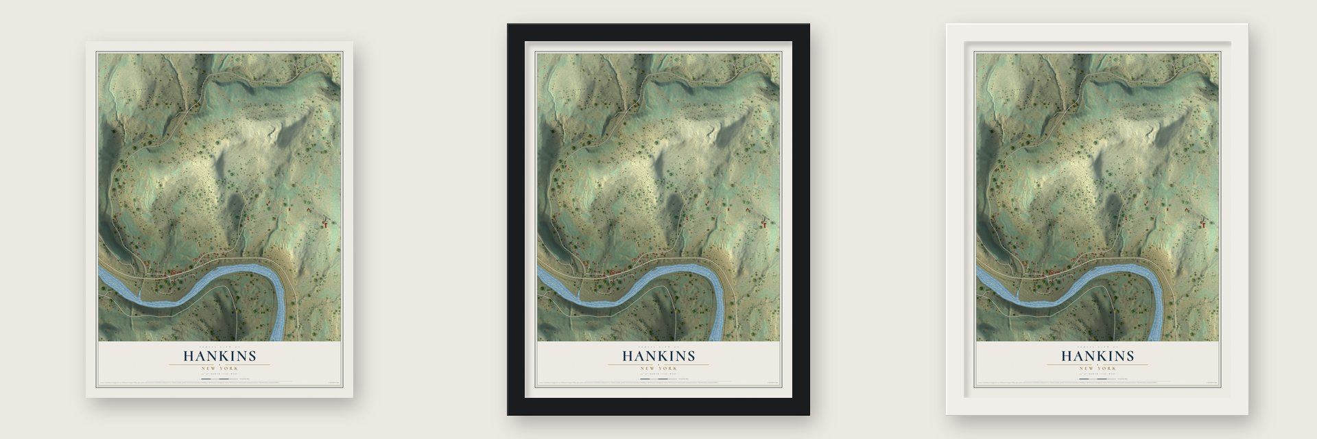 Hankins, New York map unframed, in a black wood frame and in a white wood frame