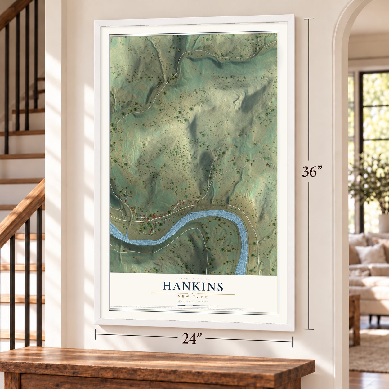 Hankins, New York map, 24 x 36 inch print in a white frame by a staircase