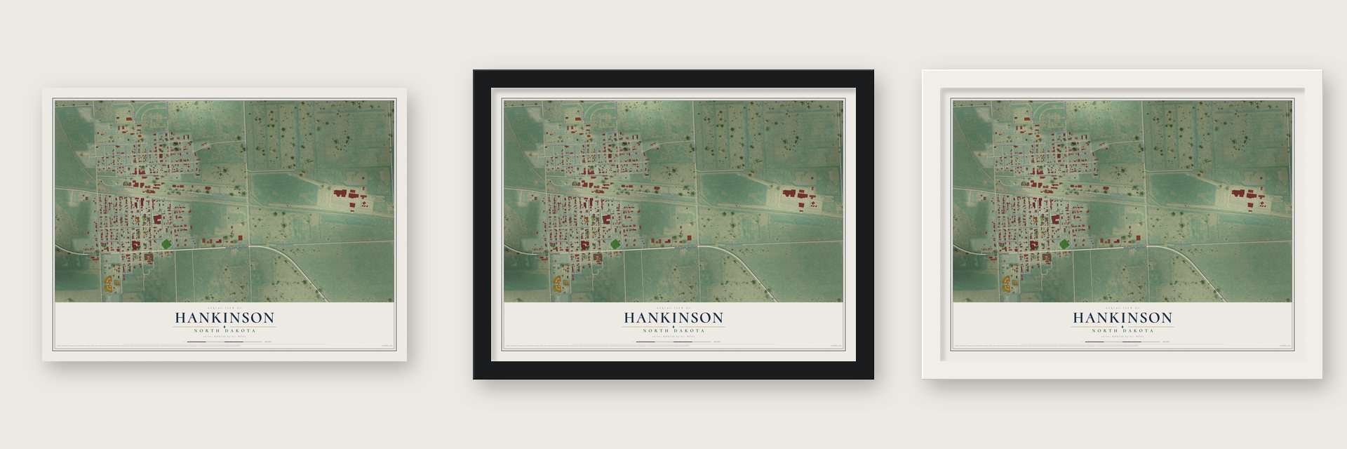 Hankinson, North Dakota map unframed, in a black wood frame and in a white wood frame