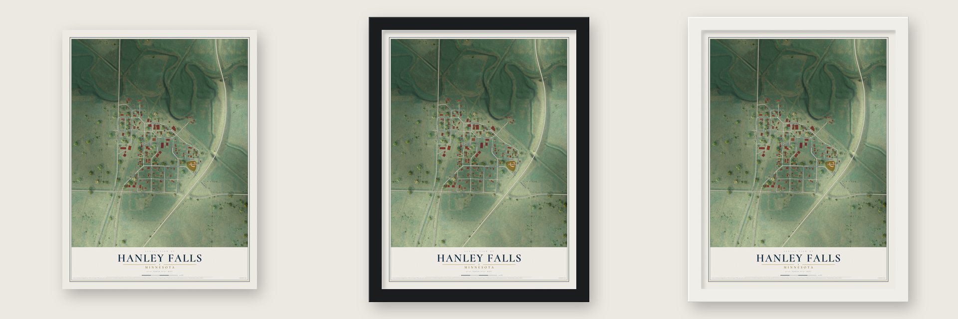 Hanley Falls, Minnesota map unframed, in a black wood frame and in a white wood frame