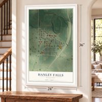 Hanley Falls, Minnesota map, 24 x 36 inch print in a white frame by a staircase