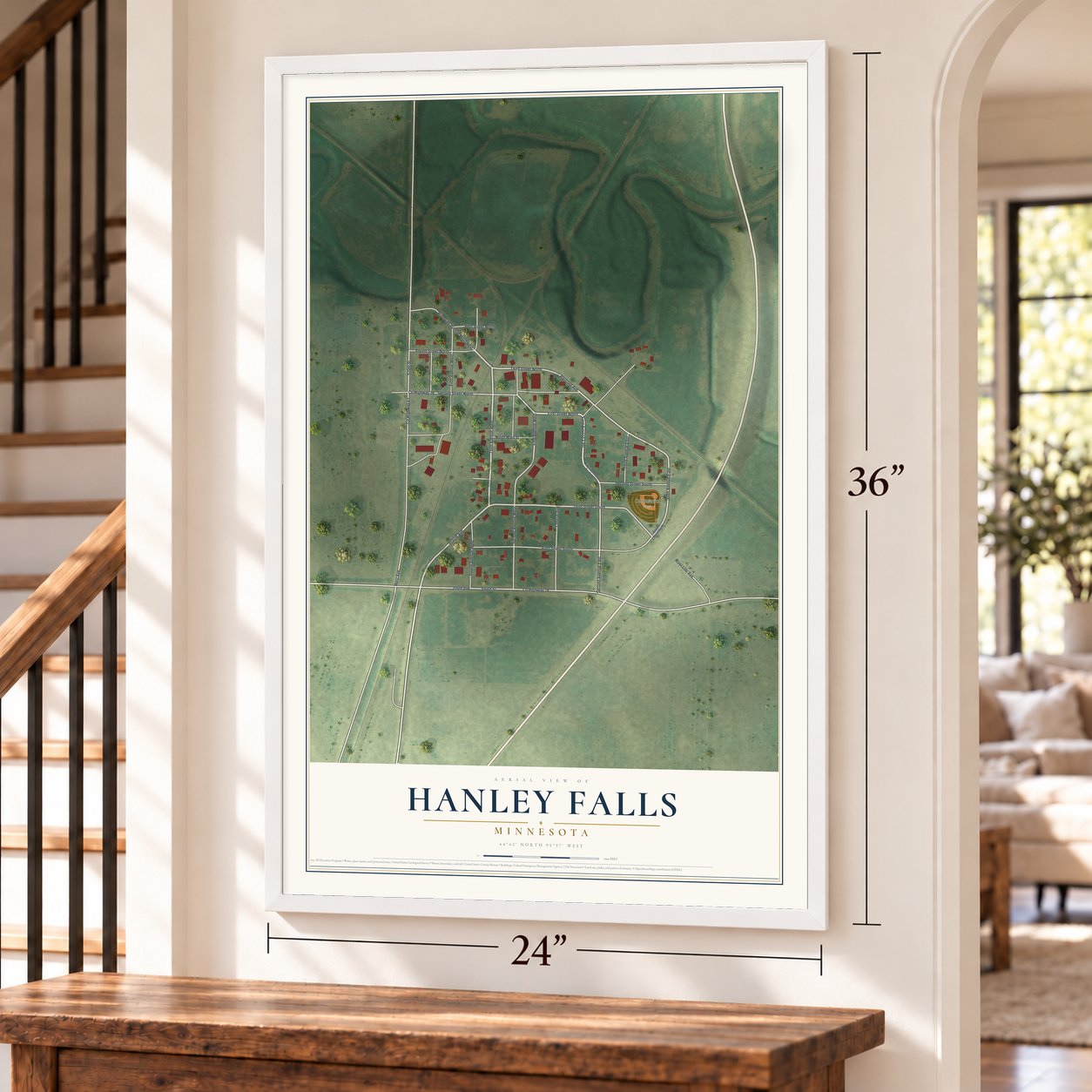 Hanley Falls, Minnesota map, 24 x 36 inch print in a white frame by a staircase