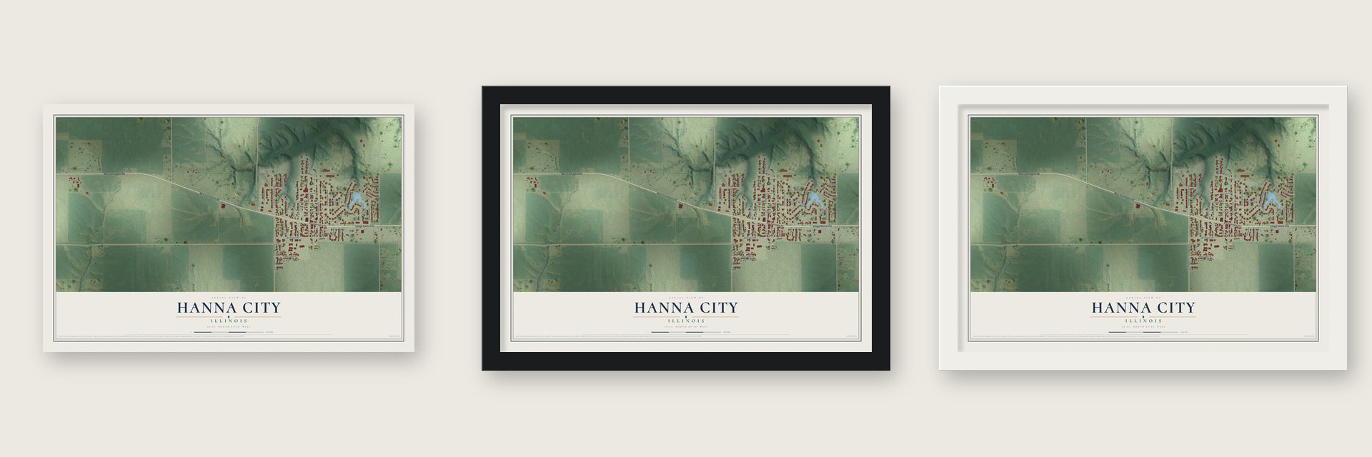 Hanna City, Illinois map unframed, in a black wood frame and in a white wood frame