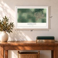 Hanna City, Illinois map, 12 x 18 inch print in a white frame in an entryway