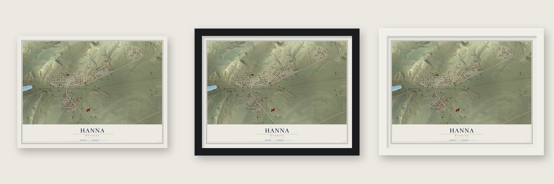 Hanna, Wyoming map unframed, in a black wood frame and in a white wood frame