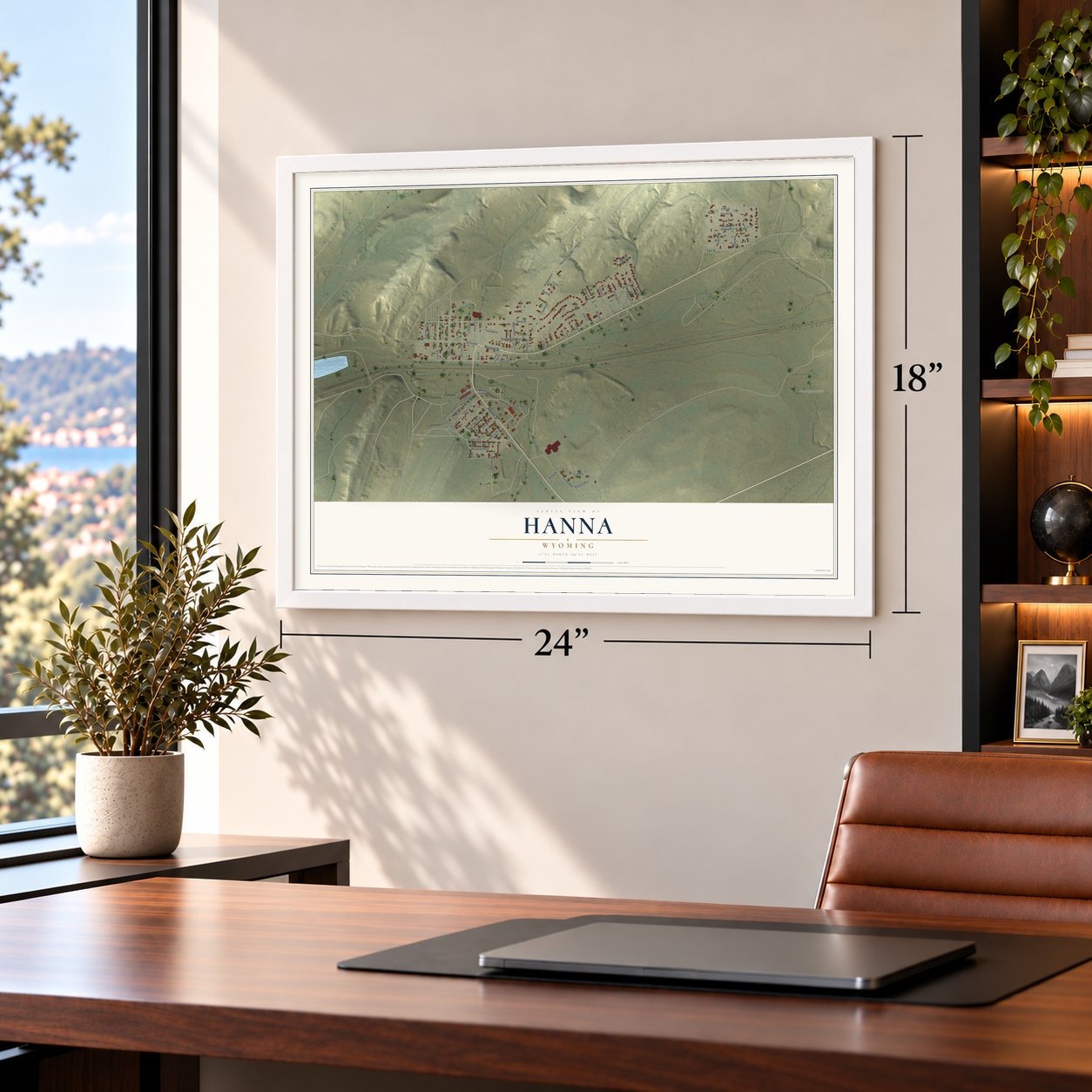 Hanna, Wyoming map, 18 x 24 inch print in a white frame in a home office
