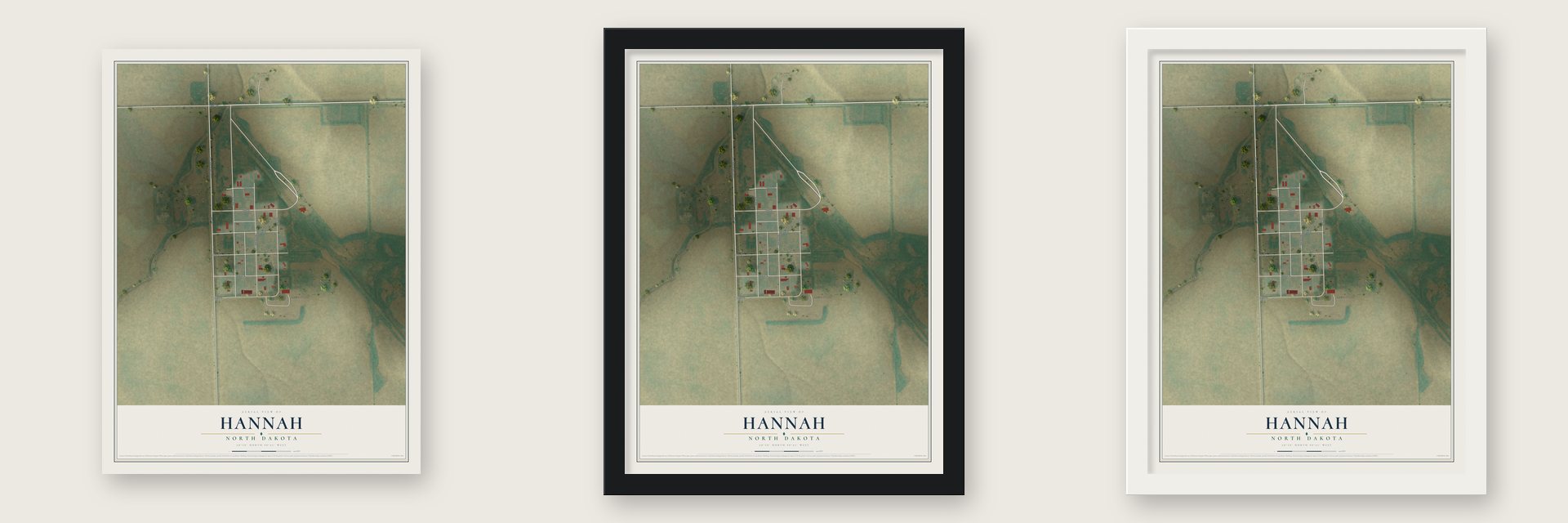 Hannah, North Dakota map unframed, in a black wood frame and in a white wood frame