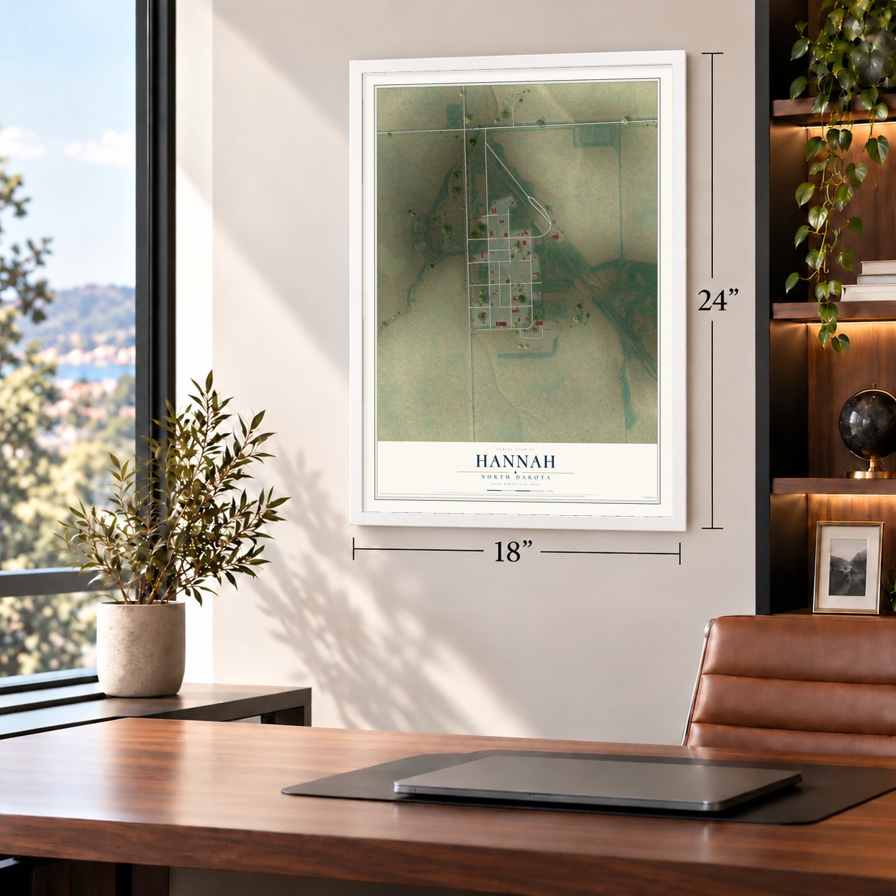 Hannah, North Dakota map, 18 x 24 inch print in a white frame in a home office