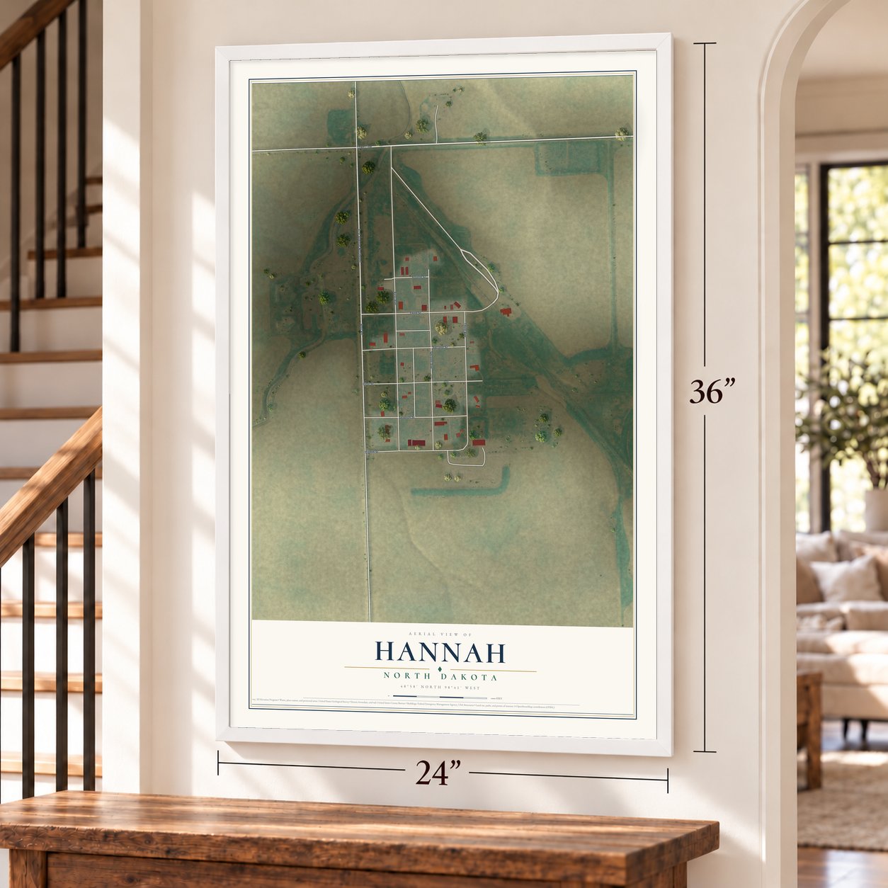 Hannah, North Dakota map, 24 x 36 inch print in a white frame by a staircase