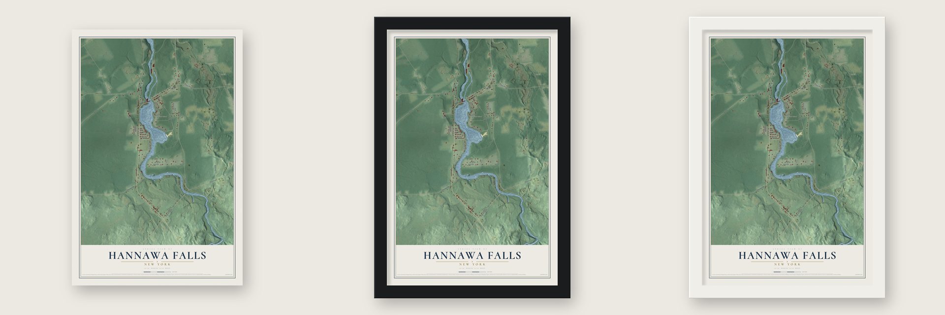 Hannawa Falls, New York map unframed, in a black wood frame and in a white wood frame