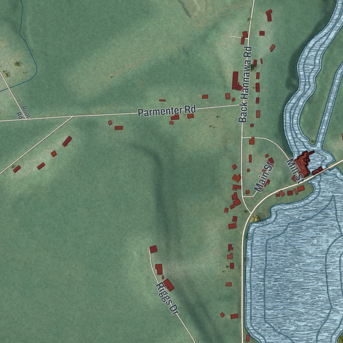 Second close-up of the map of Hannawa Falls, New York print showing more streets and buildings