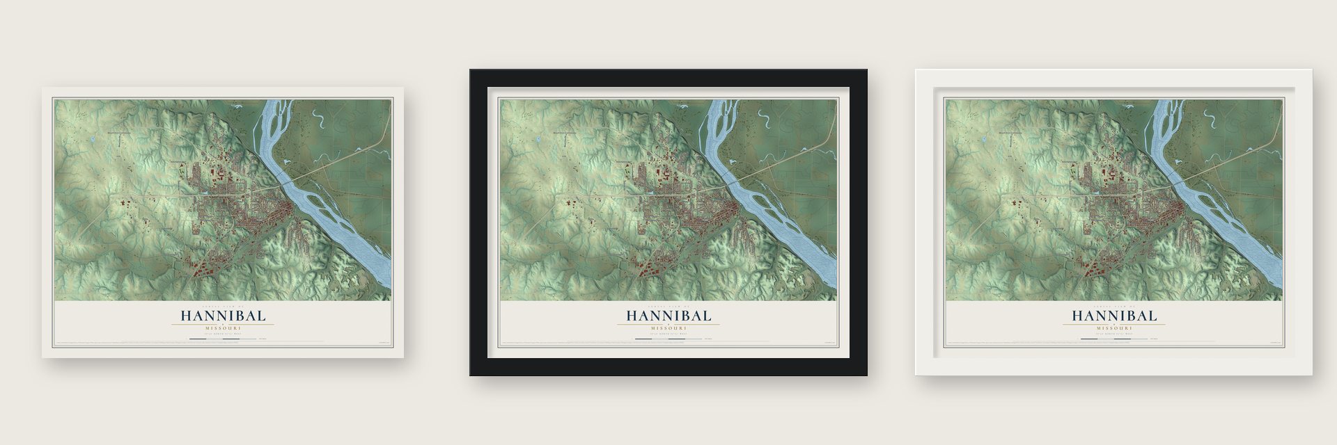 Hannibal, Missouri map unframed, in a black wood frame and in a white wood frame