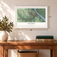 Hannibal, Missouri map, 12 x 18 inch print in a white frame in an entryway