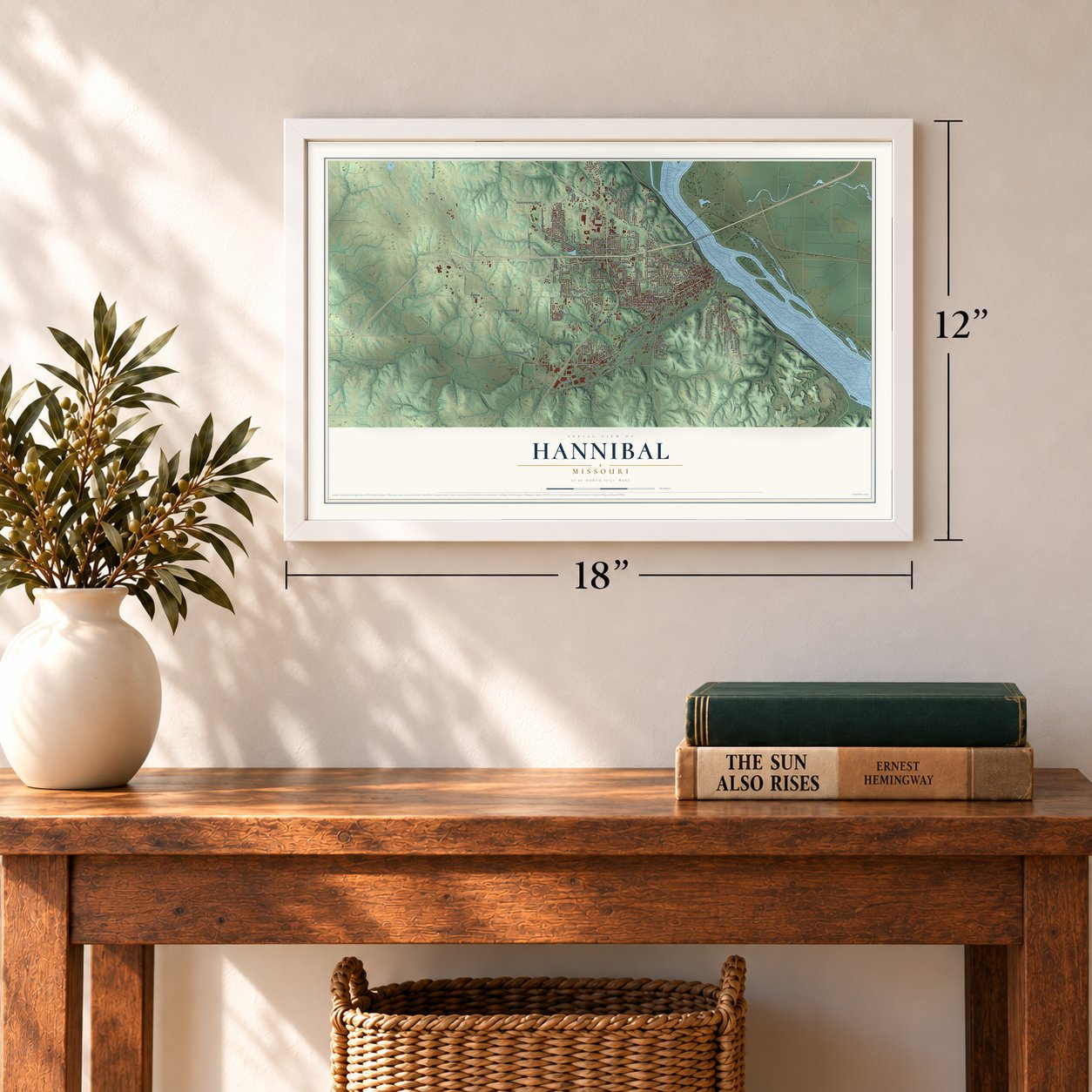 Hannibal, Missouri map, 12 x 18 inch print in a white frame in an entryway
