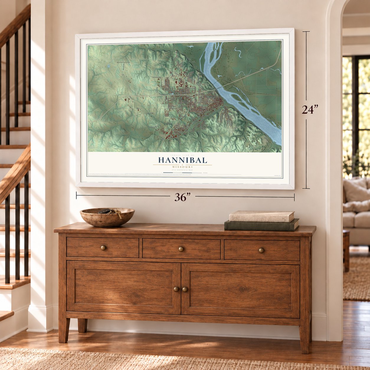 Hannibal, Missouri map, 24 x 36 inch print in a white frame above a dresser by a staircase