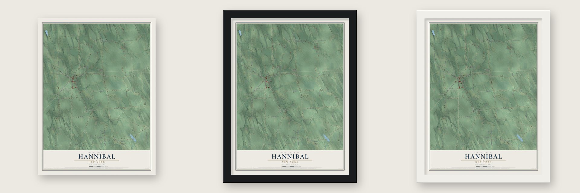 Hannibal, New York map unframed, in a black wood frame and in a white wood frame
