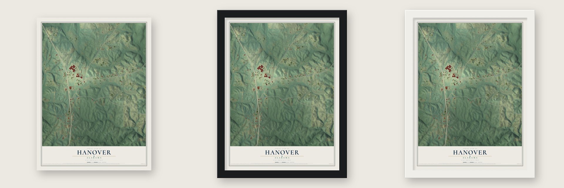 Hanover, Alabama map unframed, in a black wood frame and in a white wood frame