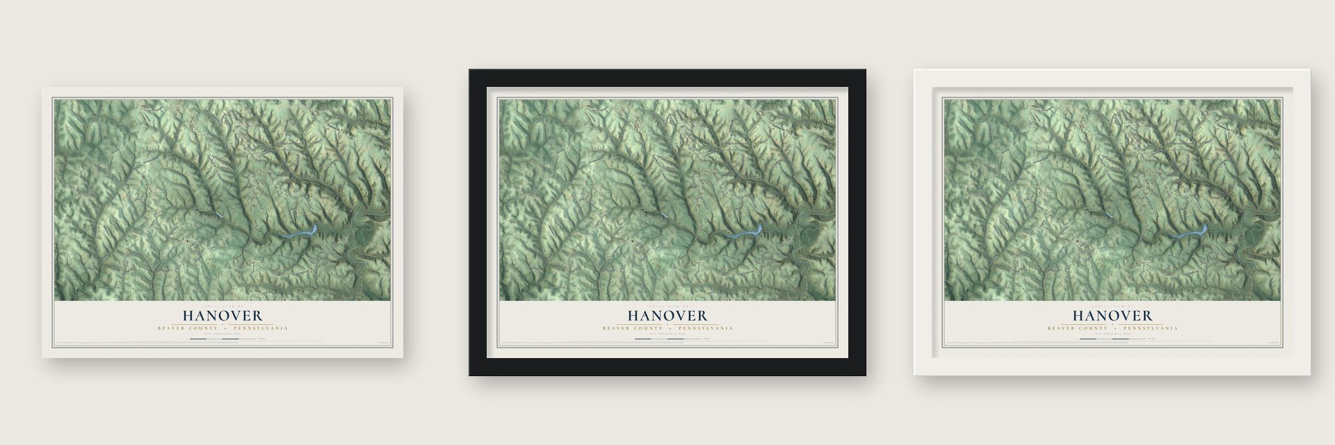 Hanover, Beaver County, Pennsylvania map unframed, in a black wood frame and in a white wood frame