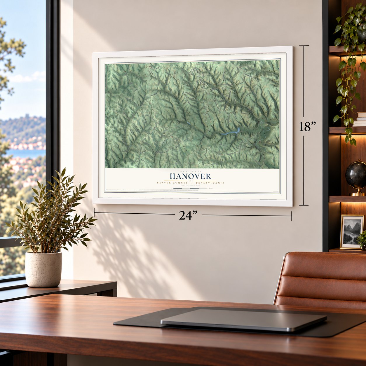 Hanover, Beaver County, Pennsylvania map, 18 x 24 inch print in a white frame in a home office