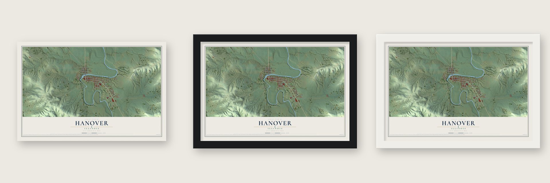 Hanover, Illinois map unframed, in a black wood frame and in a white wood frame